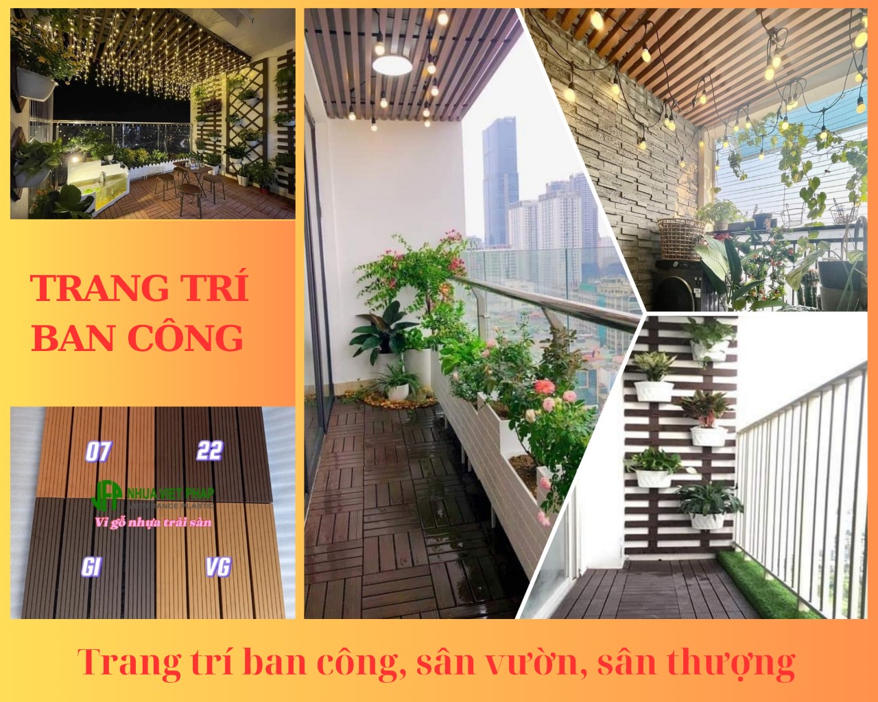 Trang trí ban công mang mảng xanh với sự kết hợp sàn gỗ nhựa và lam treo hoa