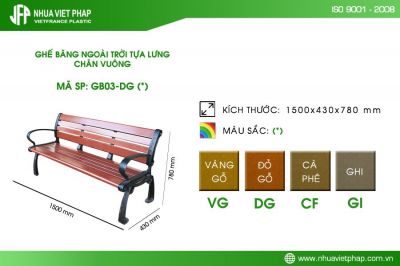 Ghế băng gỗ nhựa ngoài trời có tựa lưng, chân vuông - GB03 Nhựa Việt Pháp