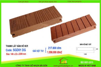 Thanh lót sàn đặc ngoài trời ghép hở SGD01 - Sàn gỗ nhựa ngoài trời đặc 22x140mm 