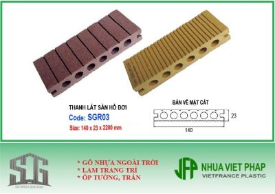 Thanh lót sàn ngoài trời lỗ tròn SGR03 - Sàn gỗ nhựa ngoài trời rỗng 5 lỗ tròn 23x140mm