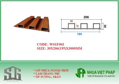 Gỗ nhựa ốp tường trần loại 3 sóng cao nhựa việt pháp W01F003 bản 30x206mm